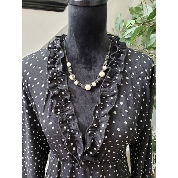 Miss U Women's Black Ruffle Polyester V-Neck Long Sleeve Knee Length Dress Small - Picture 2 of 12